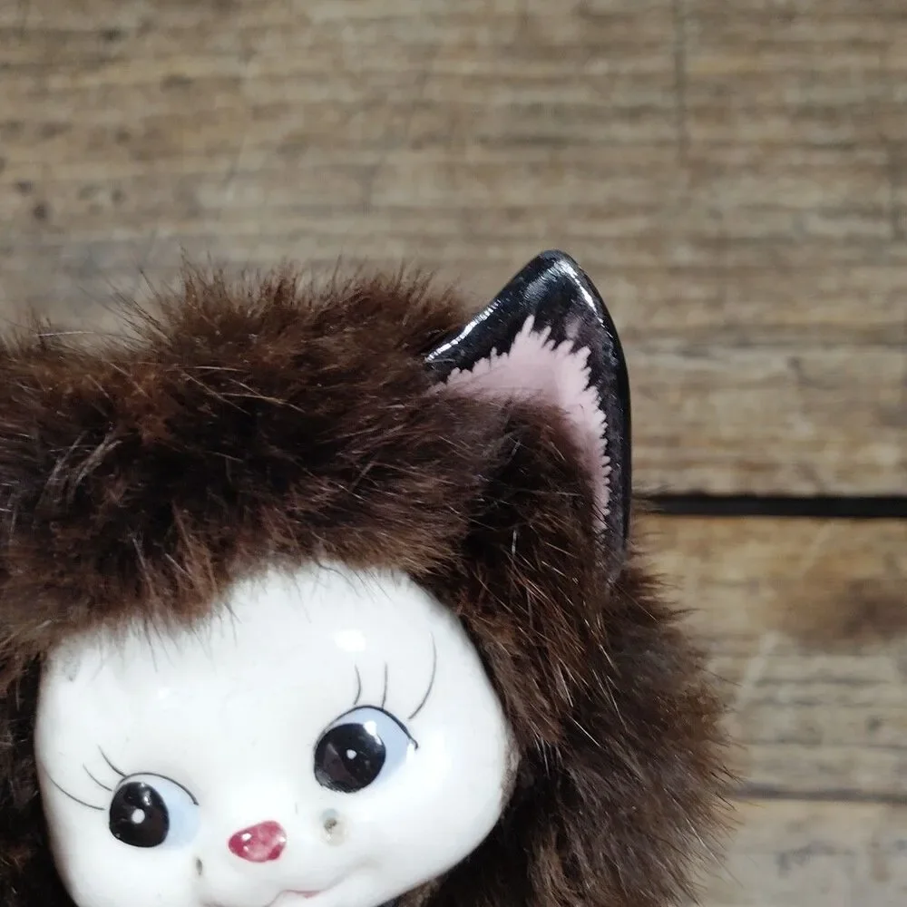 Vintage 50s Sweet Anthropomorphic Black Fuzzy Fur Cat Figurine Kitsch Japan